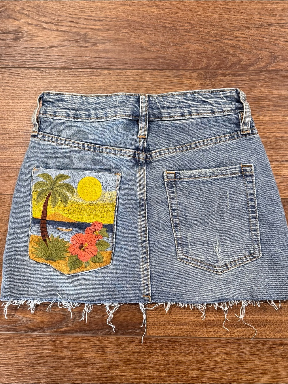 Altar'd State Denim Mini Skirt with Embroidered Tropical Pocket NWT